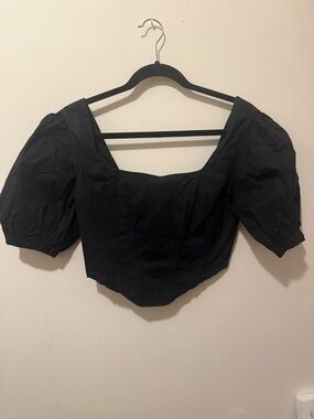Black Puff Sleeve Square-Neck Crop Top